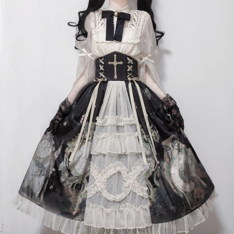 

Victorian Gothic Lolita Dress Kawaii Women Sweet Lace Sleeve Blouses Butterfly Print Princess Skirt Vintage Elegance Lolita Sets