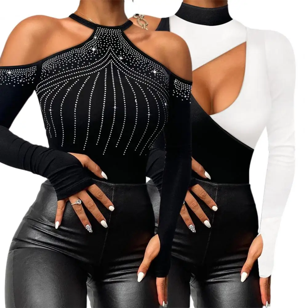 

Women Club Top Color Block Hollow Out Off Shoulder Long Sleeves Slim Warm Pullover Halter Neck Fall Spring Top Women Clothing