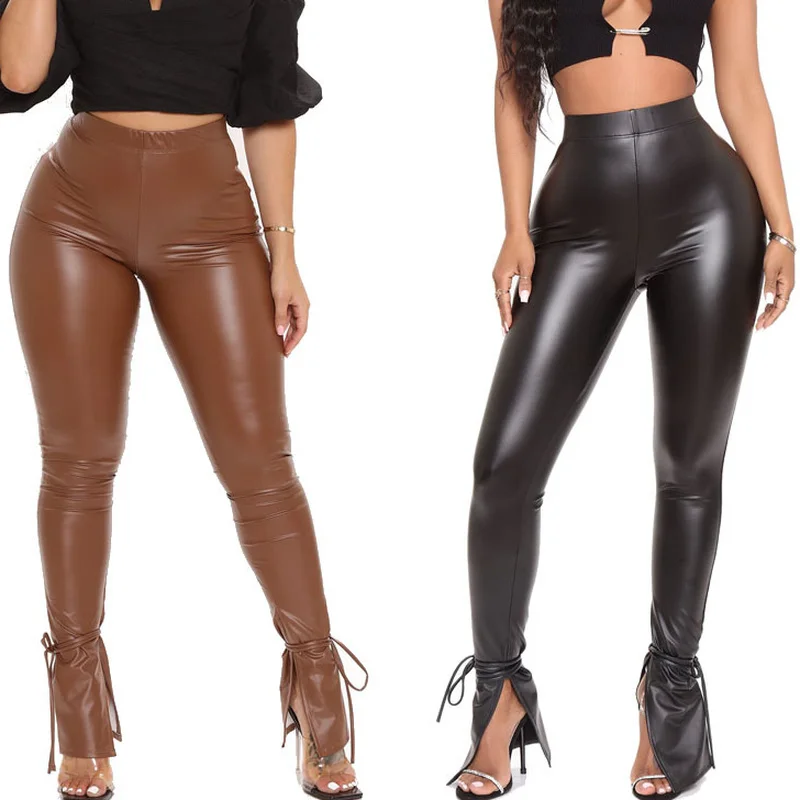 Plus Size High Waist Leather Leggings Women Black Shiny Thin Femme Fitness PU Leggins Sexy Flared Pants Elastic Trousers Stretch