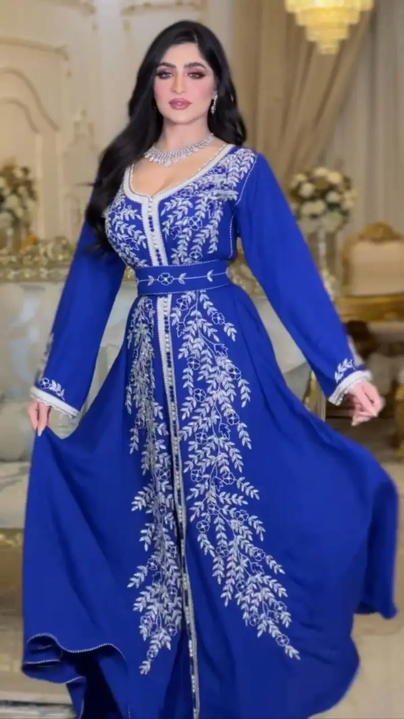 PLEINDI Bohemian Evening Dresses V-Neck Long Sleeves A-LINE Floor-Length Chiffon 2022 New of Embroidery Boho Prom Women Dress