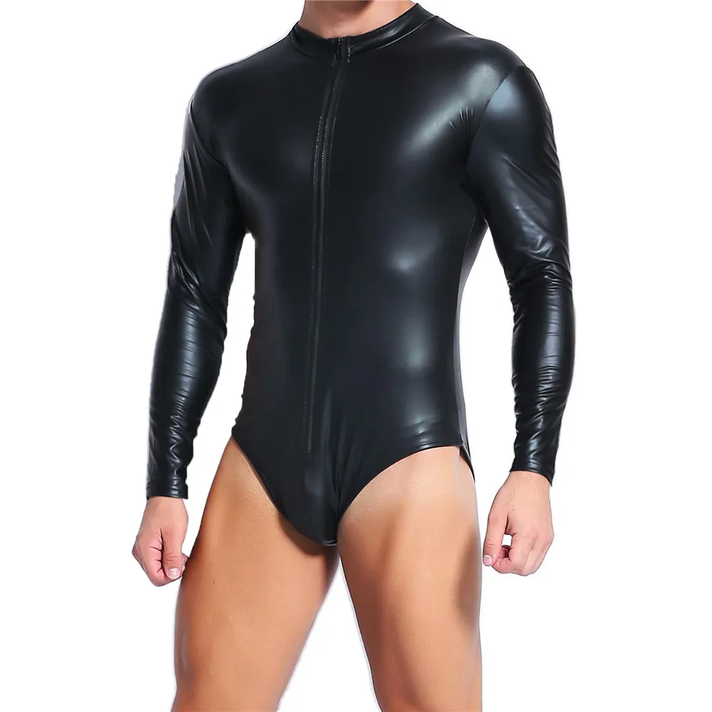 

Mens Faux Leather Wet Look Night Club Sexy Men Long Sleeve Zipper Bodysuit Slim Jumpsuits Wrestling Singlet Ropa Interior Hombre