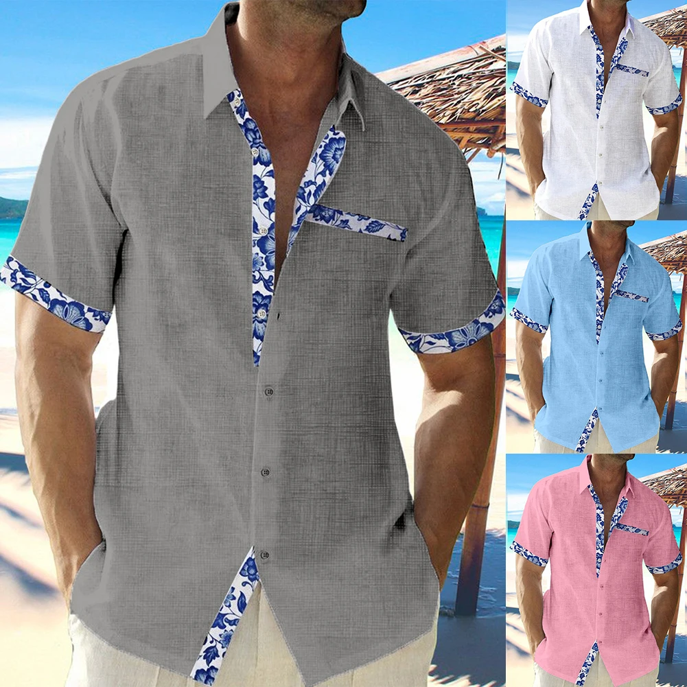 2023 Summer Fashion Men's Hawaiian Linen Shirt Men's Casual Lace Printed Beach Pocket Short Sleeve Plus Size Button Down Tee Top