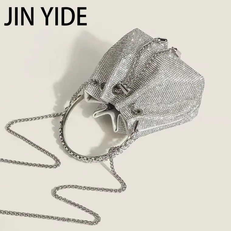 Luxury Diamonds Evening Bag Designer Crystal Mesh Bucket Handbags Rhinestones Chains Shoulder Crossbody Bags Small Party Purses
