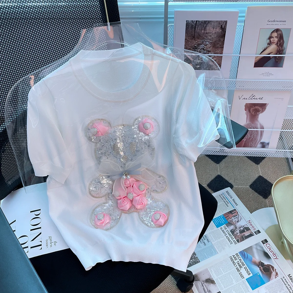 

Женская Футболка с блестками и аппликациями, футболки с короткими рукавами, розовый цветочный медведь, женские пуловеры, укороченные топы, белый цвет