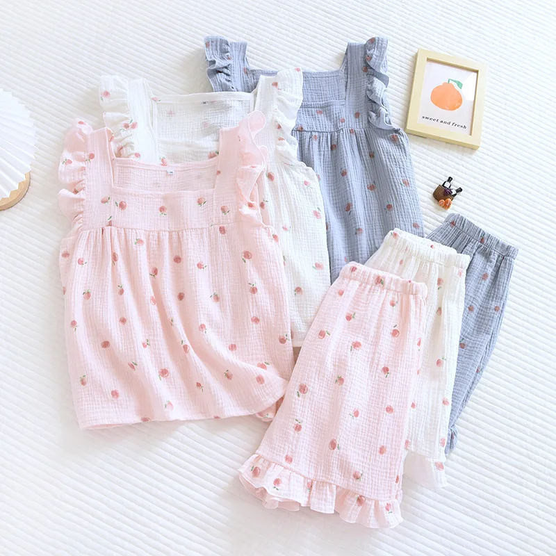 

Women Ruffles Strap Tops Mini Sleep Suit Cotton Print Fruit Pajamas Set Causal Homewear Baggy Nightwear Elastic Waist Bottoms