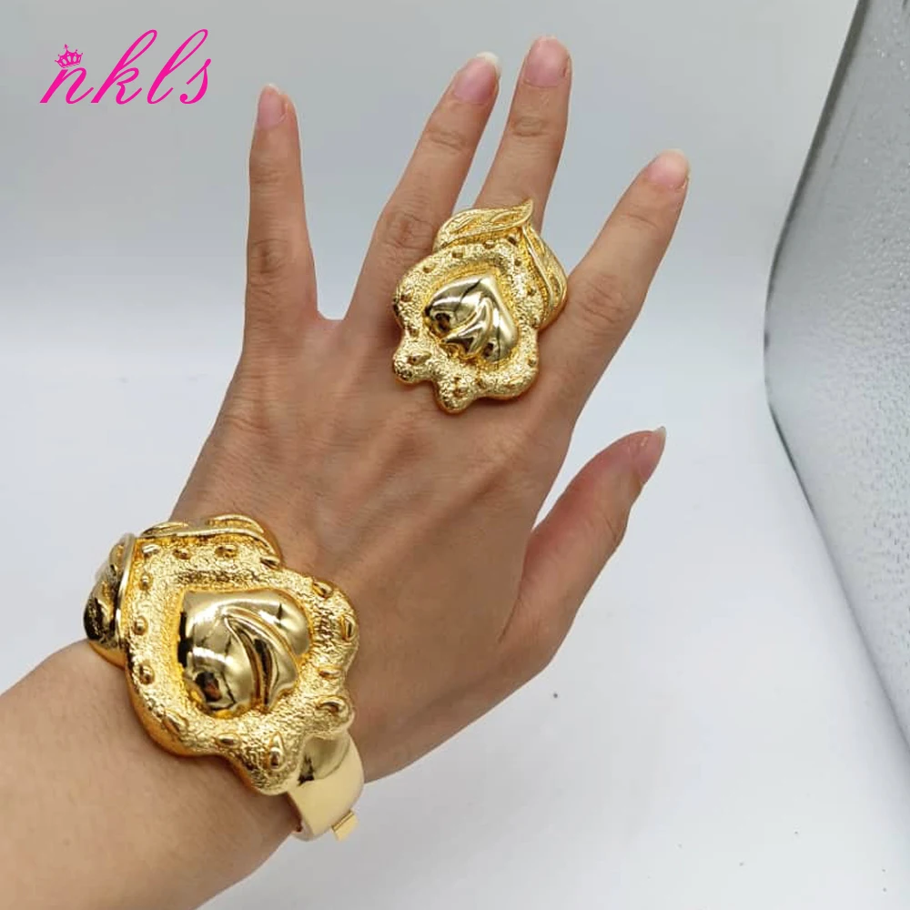Luxury Flower Design Bracelet Ring Gold Color Middle East Copper Bangle Dubai Saudi Trendy Jewelry For Bridal Arabic Party Gift