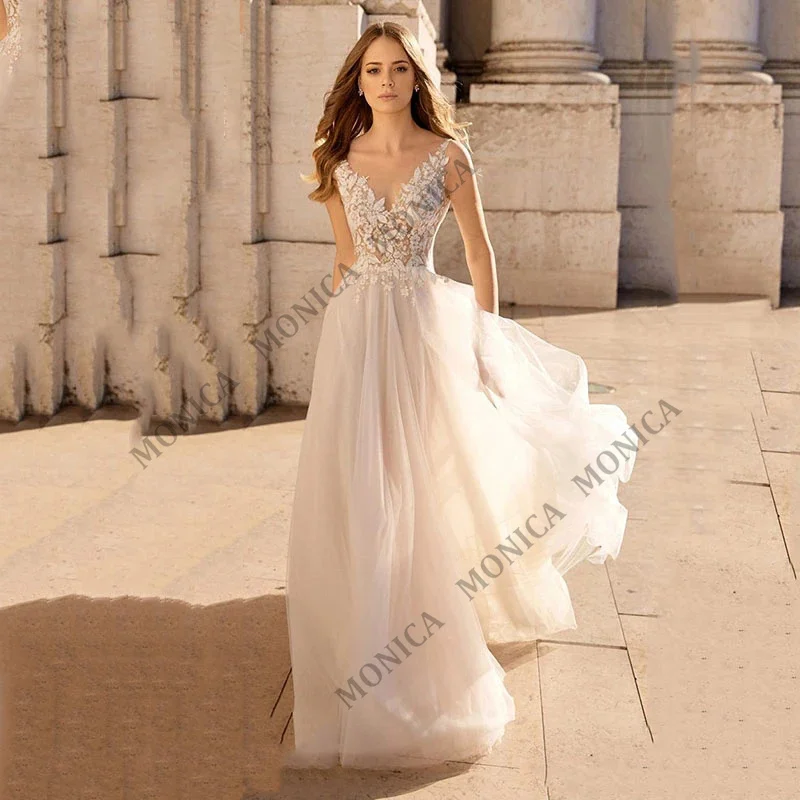 

MONICA Classic Wedding Dress V-Neck Sleeveless Applique Tulle Lace A-Line Elegant Prom Princess New Fashion Beach for 2022 New