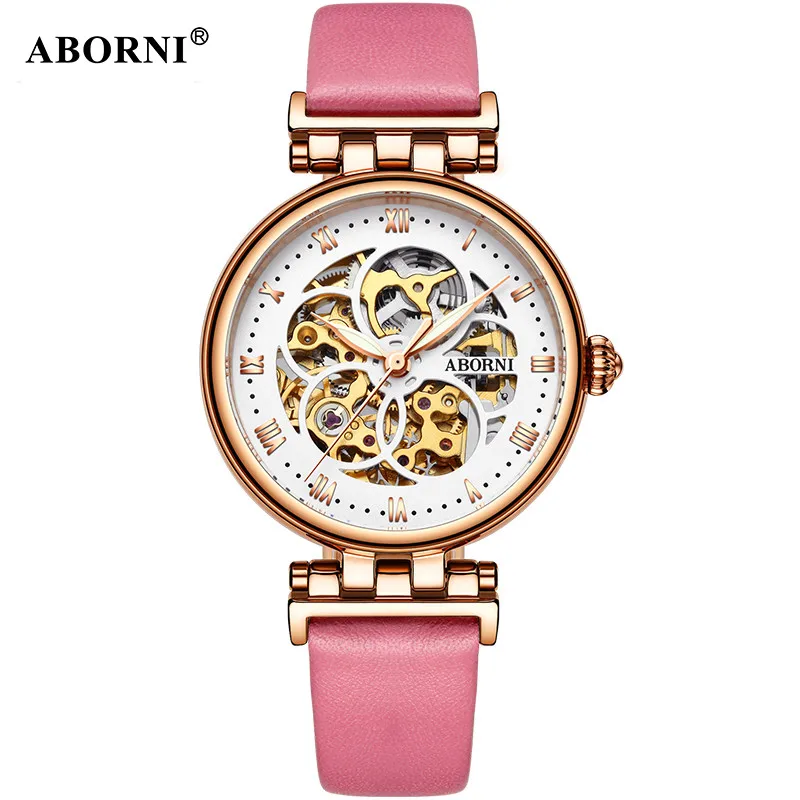 White Automatic Mechanical Watch for Women Wrist Timepiece Luxury Waterproof Stable Red Leather Strap Ladies Wristwatch enlarge