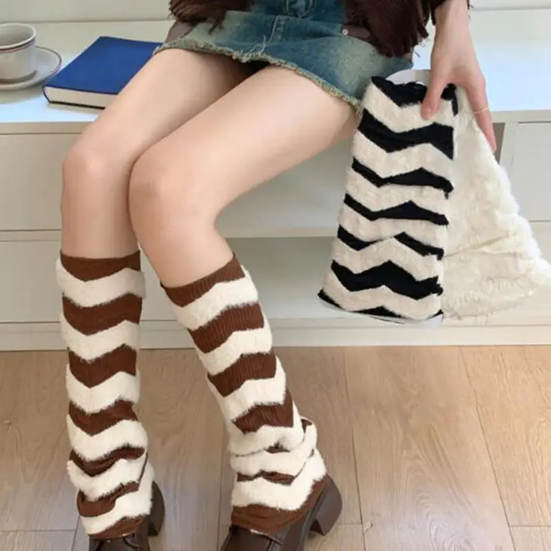 Y2k Goth Lolita Girls Cute Striped Knit Leg Warmers JK Uniform Gothic Women Leggings Gaiters Knee Knitted Cuffs Ankle Warmer