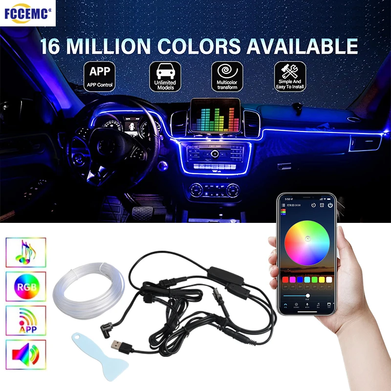 

Led Car Interior Neon Lights Strip RGB App Multiple Modes Sound Control DIY Ambient Light Decorative Atmosphere Dashboard Lamp