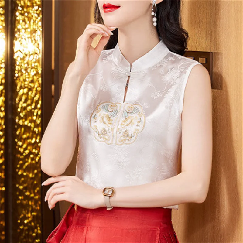Майка женская атласная с вышивкой китайский топ-корсет винтажная рубашка без