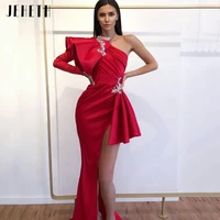 jeheth elegant red mermaid evening formal dresses satin ruffles one shoulder with crystal high side split prom party dress 2022