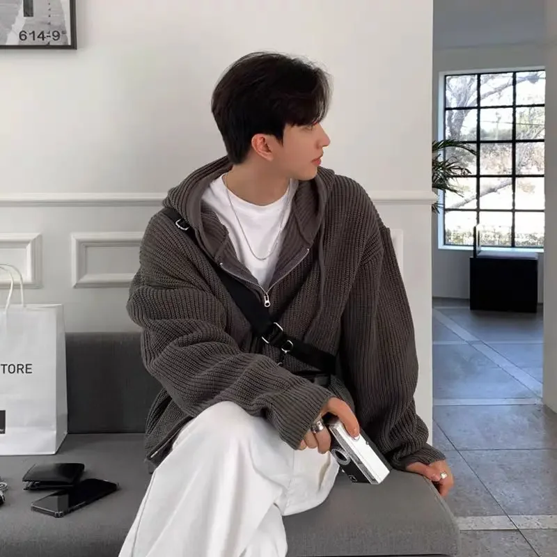 ciemny węgla szary sweter z kapturem kurtka męska kardigan luźny amerykański styl retro hongkong leniwy trend odzieży męskiej y2k