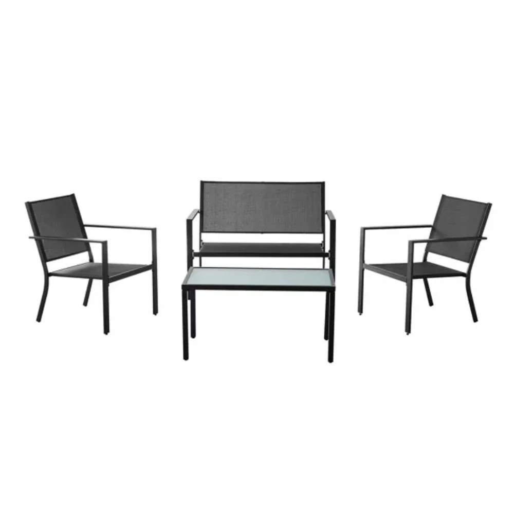 

4-Piece Outdoor Conversation Set, Black Steel and Grey Sling