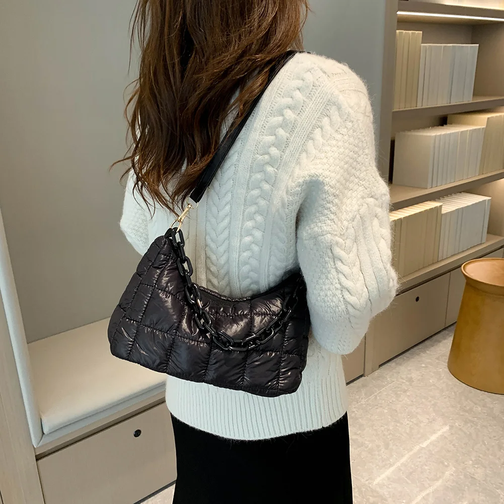 

Стеганые женские сумки на плечо, модная зимняя дамская сумочка на ремне, нейлоновая Повседневная однотонная сумка с хлопковой подкладкой в ...