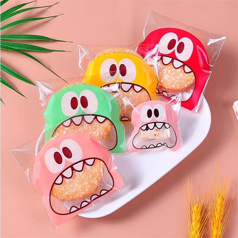 

100Pcs Plastic Cartoon Self-Adhesive Foodie Little Monster Bakery Packaging Cookie Snack Candy Bags