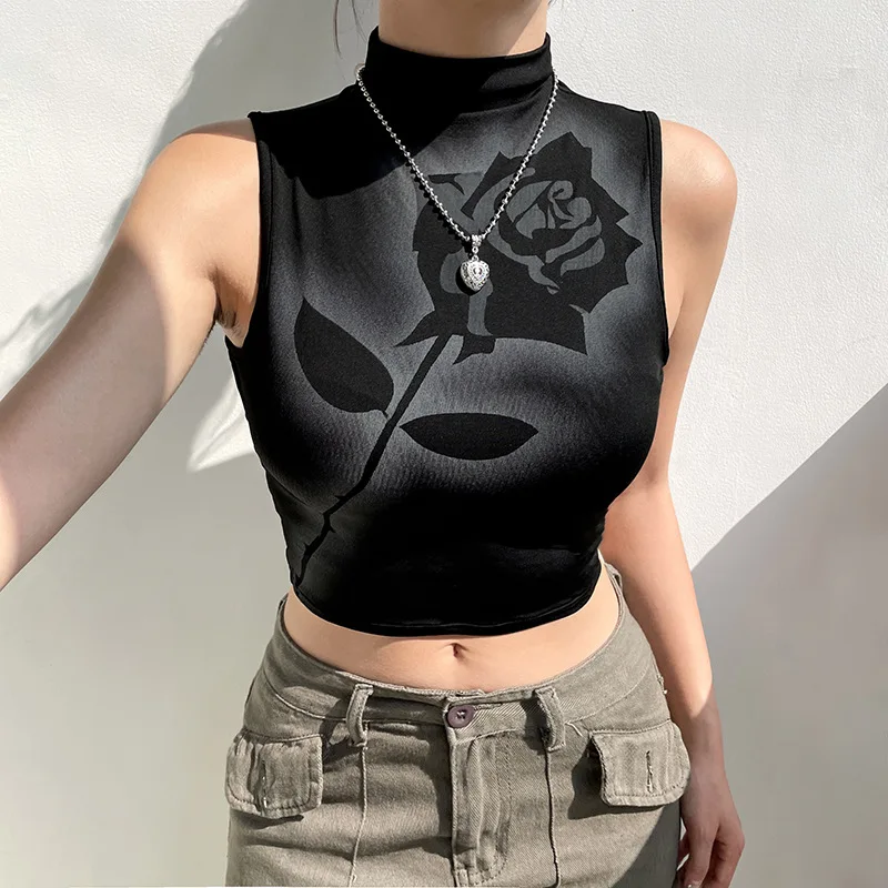 

Summer Fashion Slim Sexy Club Sweet Print Rose Sleeveless Turtleneck Girl Casual Crop Top Women Skinny Short Tank Top 2 Colors