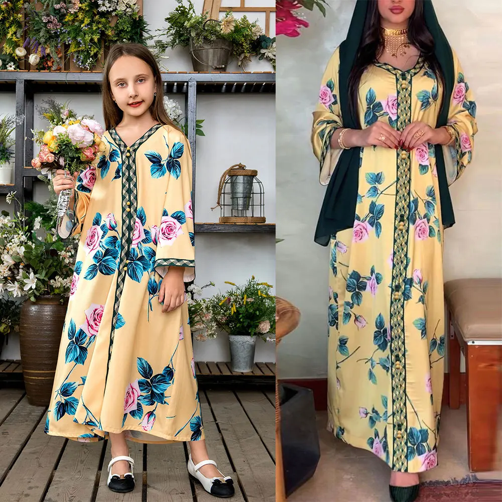 

Fashion Middle East Spring and Autumn Print Princess Mother and Daughter Dress Pastoral Dress Muslim Girls Clothing Casual