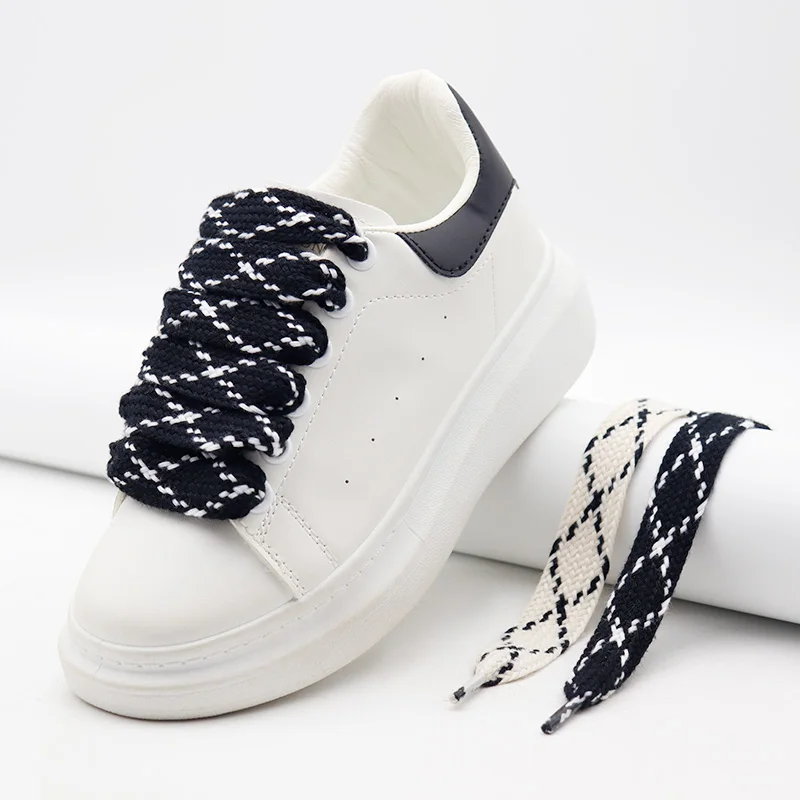 Two-tone Striped Single Layer Polyester Cotton Laces 2cm Wide Casual Laces Women High Quality Laces Custom Shoelaces No Minimum
