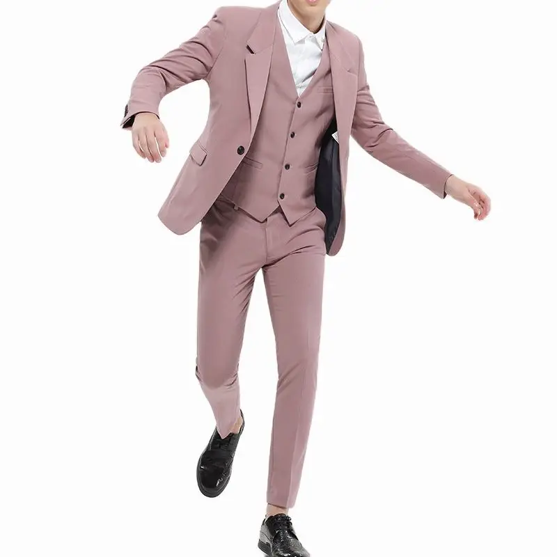 Pink Mens Suits Groom Tuxedos Groomsmen Wedding Party Suit Costume Homme Best Man Wear 3 Pieces Suit(Jacket+Pants+Vest)