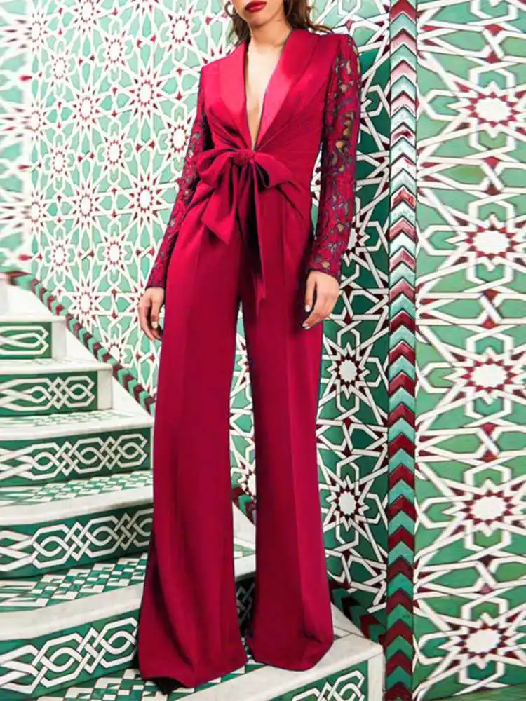 

Женские комбинезоны VONDA 2022, летний винтажный комбинезон с длинным рукавом, глубоким V-образным вырезом и широкими брюками, элегантные комбин...