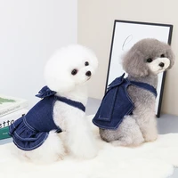 puppy denim dress t shirt vest soft with cute big bow tie with d ring pet dogcat spring summer clothes outdoor walking outfits