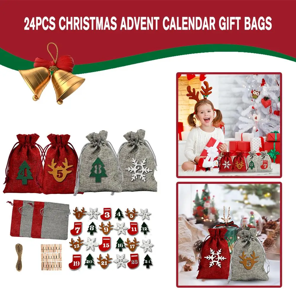 

Christmas Advent Calendar Bags Fabric Gift Bags With Countdown Stickers Numbers Calendar Drawstring Advent Decor Christmas Y1G9