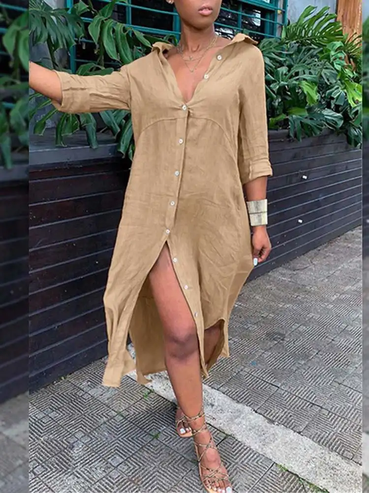

ZANZEA Women Solid Shirt Dress 2022 Spring Autumn Maxi Robe Longue Casual Holiday Irregular Kaftan Oversized Slit Baggy Sundress