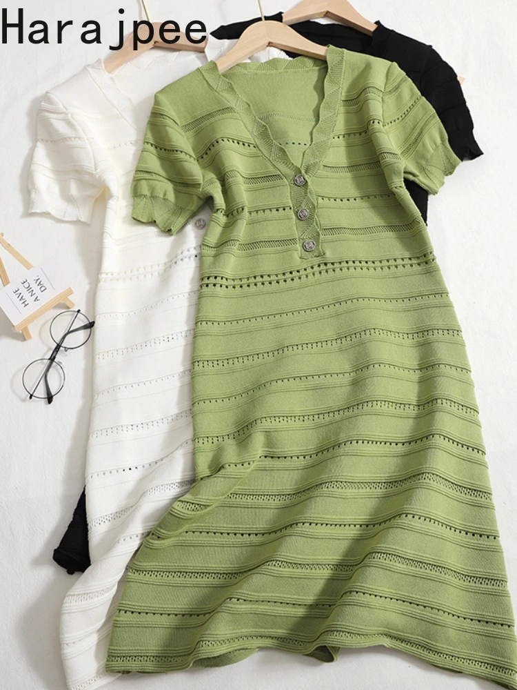 

Женское трикотажное платье Harajpee, однобортное ажурное нежное однотонное платье с V-образным вырезом и тонкой талией в Корейском стиле, Новин...