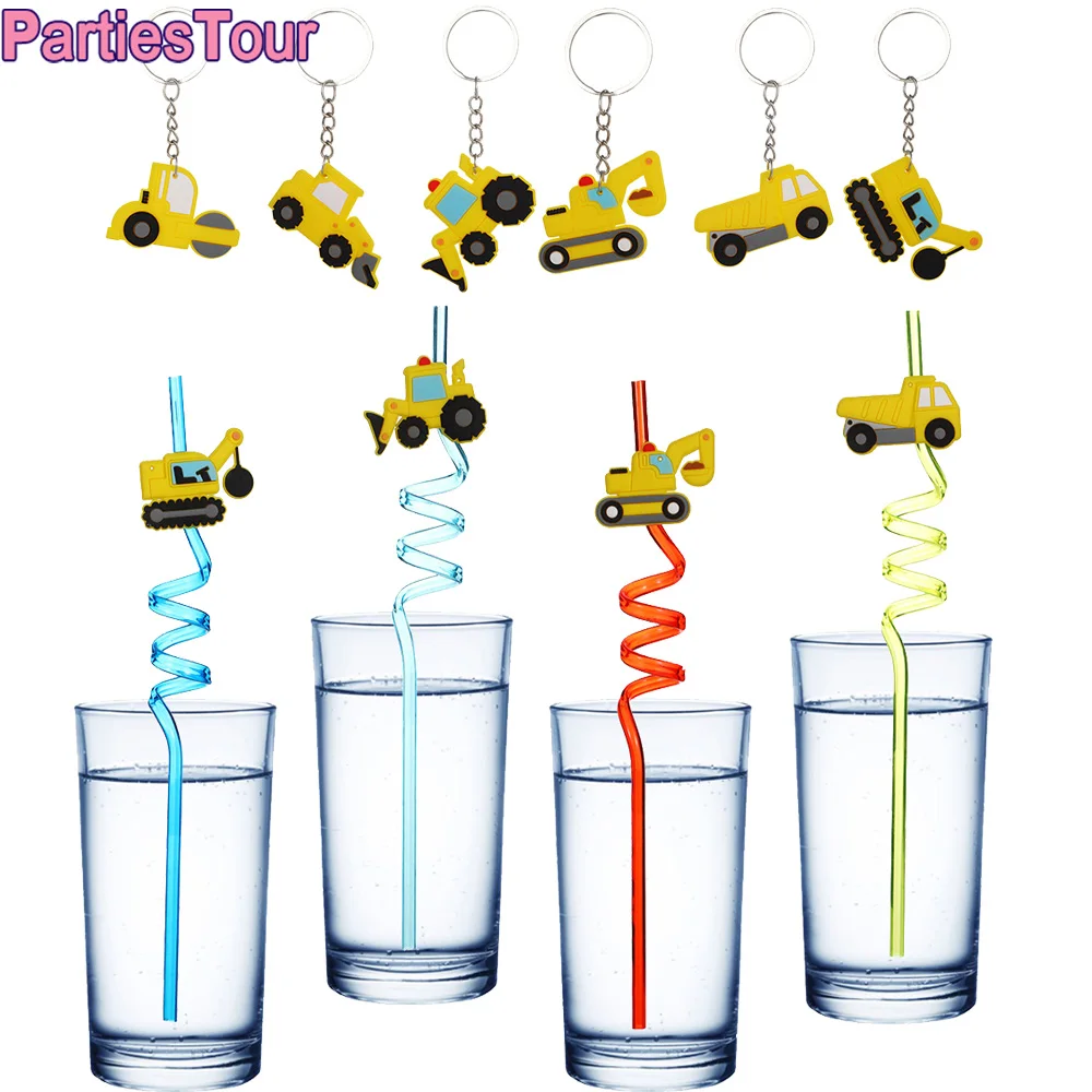

8pcs Construction Party Favors Truck Drinking Straws Excavator Bulldozer Keychains for Truck Themed Birthday Party Decortions