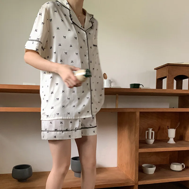 Summer Pajamas Women's Lace Ruffled Short Sleeves Full Printed Bow Home Wear Lapel Cardigan Suit Women's Pajamas