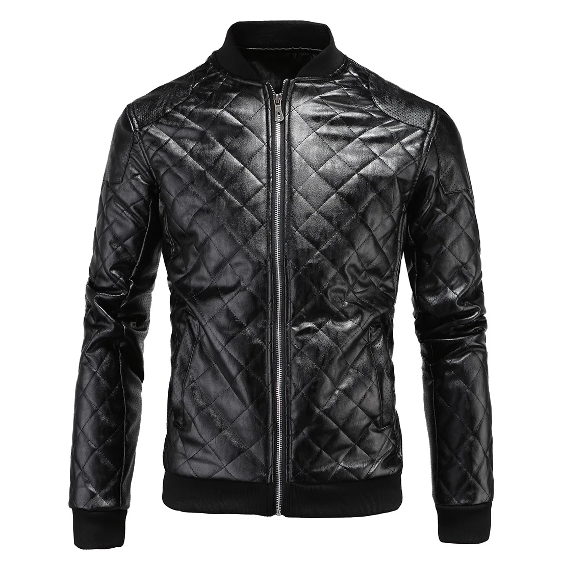 

Autumn And Winter Men's Leather Stand Neck Diamond Leather Jacket Baseball Neck Sports Leather Casual Coat