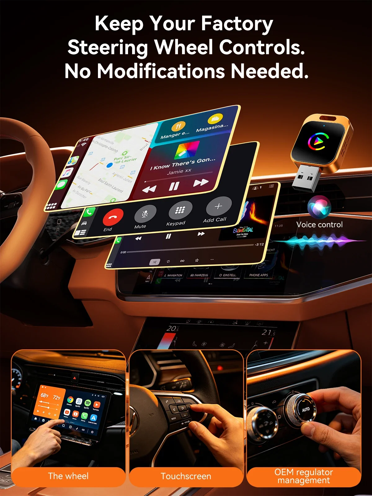 Фото Беспроводной адаптер Calebe 2-в-1 для CarPlay и Android Auto, USB/USB-C, Bluetooth 5.0, Wi-Fi, для умных автомобильных систем №4