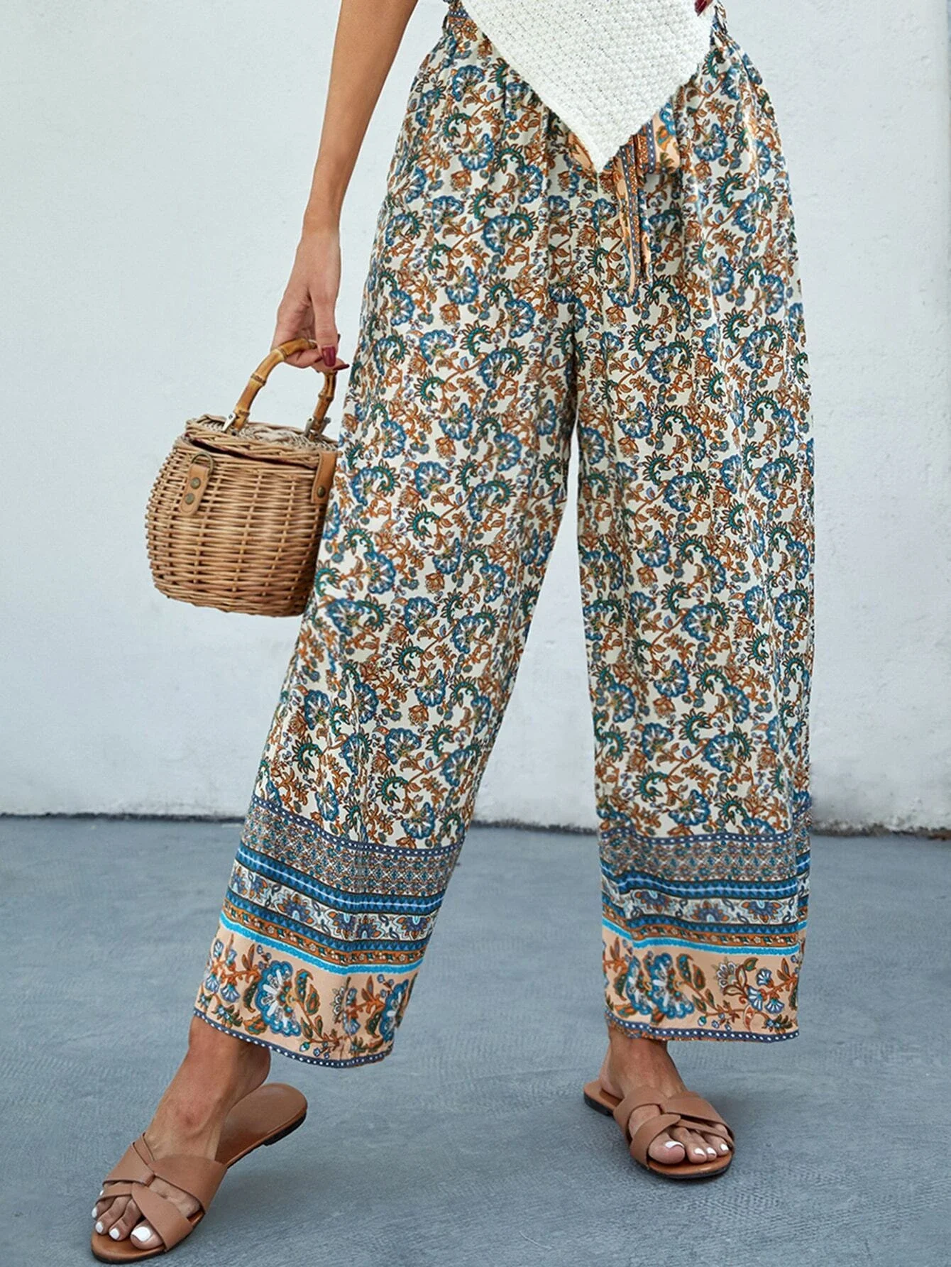

All Over Print Paper Bag Waist Belted Pants