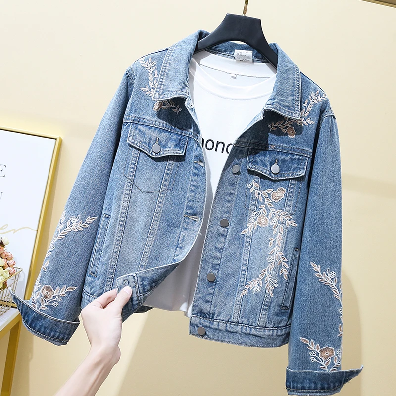 

2022 Spring New Embroidered Floral Loose Denim Jackets For Women Tide Street Lapel All-Match Casual Jean Outerwear Ins Female