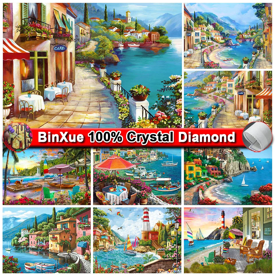 BinXue 5D DIY Scenic Cottage 100% Crystal Diamond Painting Kit Flower Sea Boat Cross Stitch Bird Mosaic Home Art Deco Gift