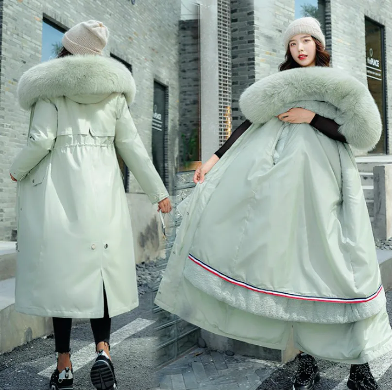 Casual Fashion Hooded Retro Coat Ladies Winter Solid Color Cotton Plus Size Long Coat To Keep Warm and Thick with Zipper Pockets