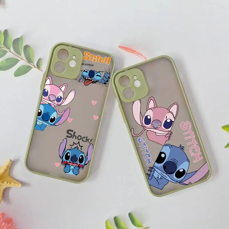 

Cute Cartoon Disney Little Stitch Phone Case For iphone 14 Plus 13 12 11 Pro Mini Max X XS XR Matte Transparent Light Army Green