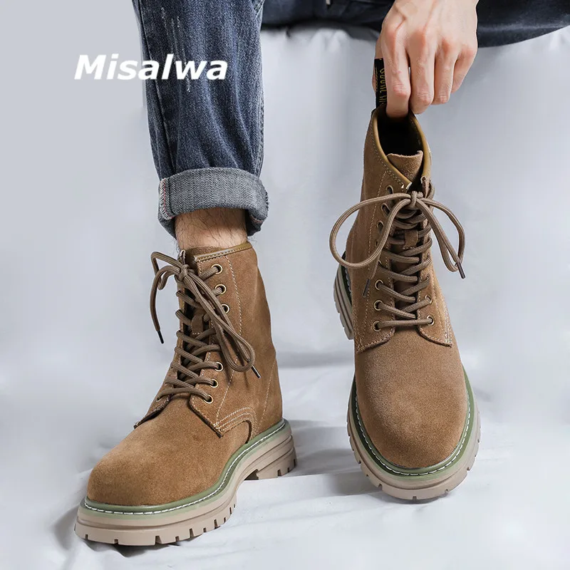 

Misalwa Mid Heel Men Work Boots 2023 Autumn Western British Suede Mens Boots High Top Height Increase Motorcycle Botas Combat