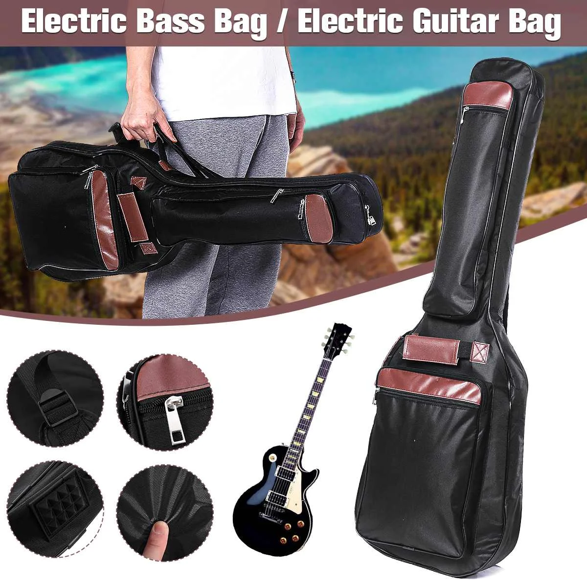 

Guitar Backpack Double Shoulder Straps Pockets Waterproof Electric Guitar Bag Electric Bass Bag 8mm Thicken Padded Gig Bag Case