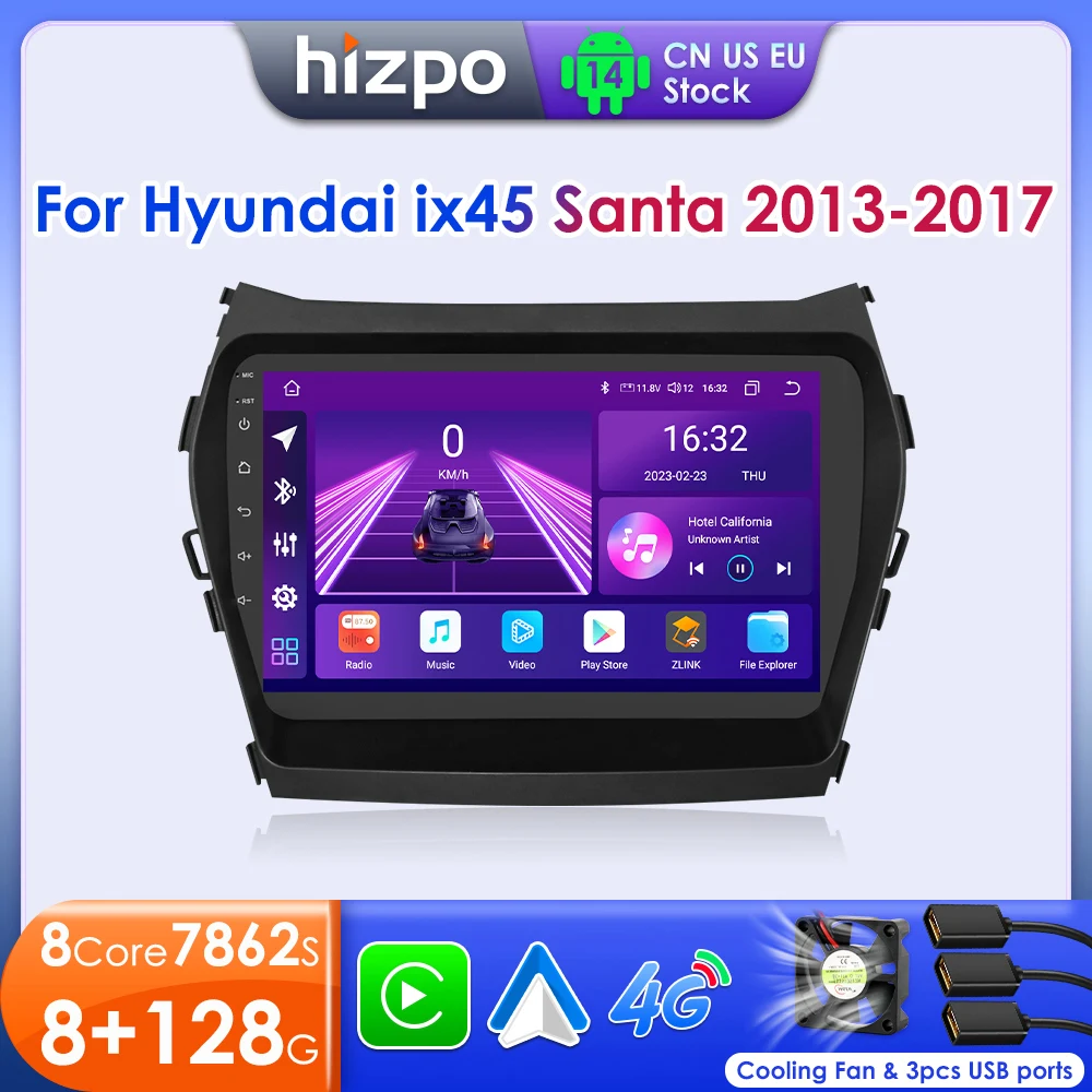 Фото Автомагнитола Hizpo с беспроводным CarPlay и Android Auto для Hyundai Ix45 Santa Fe 2013-2017, стереоплеер, аудиосистема, QLED-экран, 4G №1