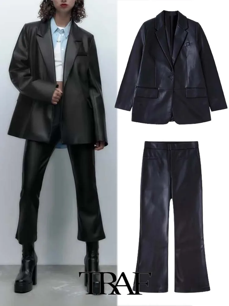 

TRAF 2022 Ladies Blazer Pants Suit OL Faux Leather Unisex Blazer+Faux Leather Micro Flare Pants Basic Causal Outfits