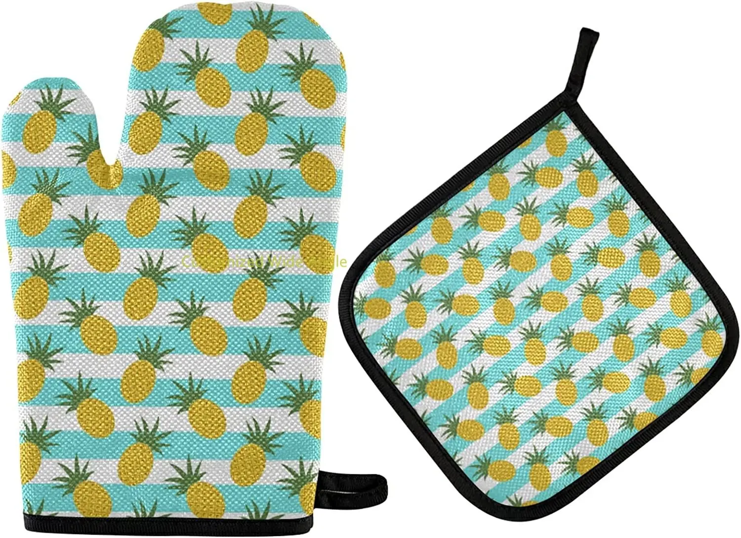

Pineapple Stripes Oven Mitts and Pot Holders Insulated Gloves & Kitchen Counter Safe Mats for Cooking BBQ Baking Grillin