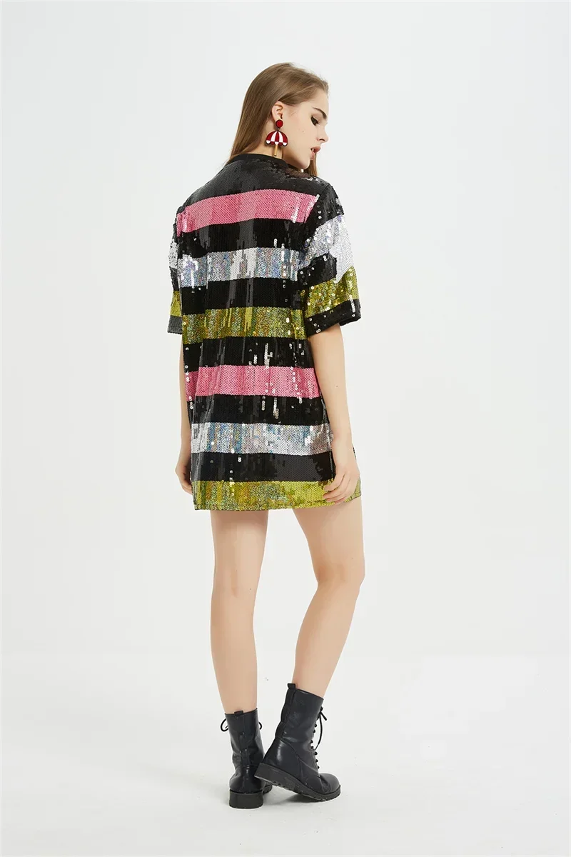 Летняя свободная женская одежда с коротким рукавом и блестками уличная круглым