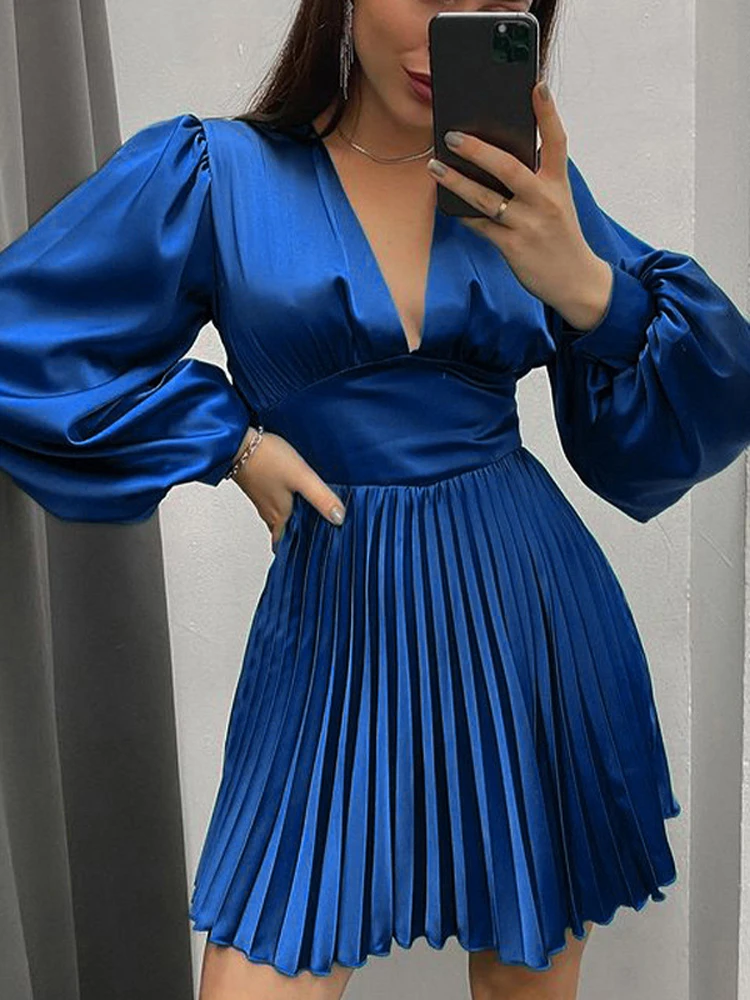 Атласный плиссированный корсет мини-платье для женщин весеннее с длинным