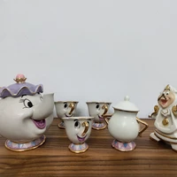 cartoon beauty and the beast teapot mug mrs potts chip tea pot cup set cogsworth gift 18k gold plated painted enamel ceramic new