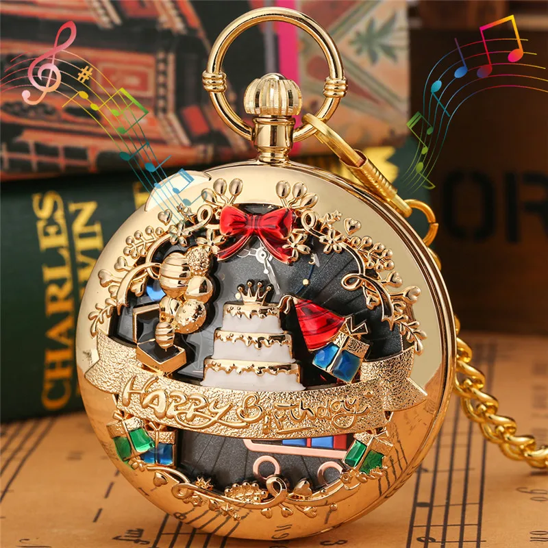 Creative Happy Birthday Playing Song Music Pocket Watch Men Women Quartz Analog Clock Half Hunter Pendnat Chain Special Gift