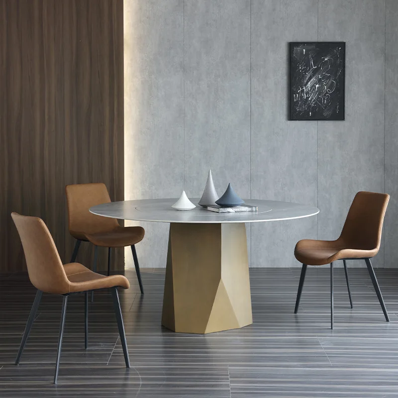 

Light Luxury Dining Table Italian Style Round Dining Table Modern Minimalist Bronze Round Dining Table with Turntable