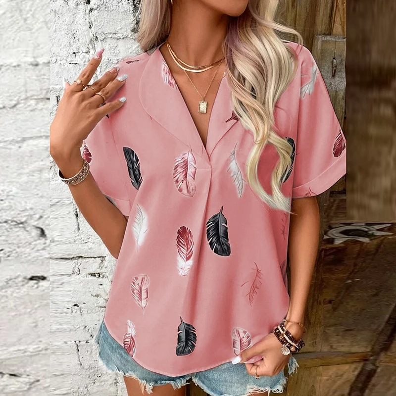 

2023 Summer Blouse Women's Elegant Lapel Feather Printed Solid Color Short Sleeve Shirt Casual Office Elegant Female Blouse