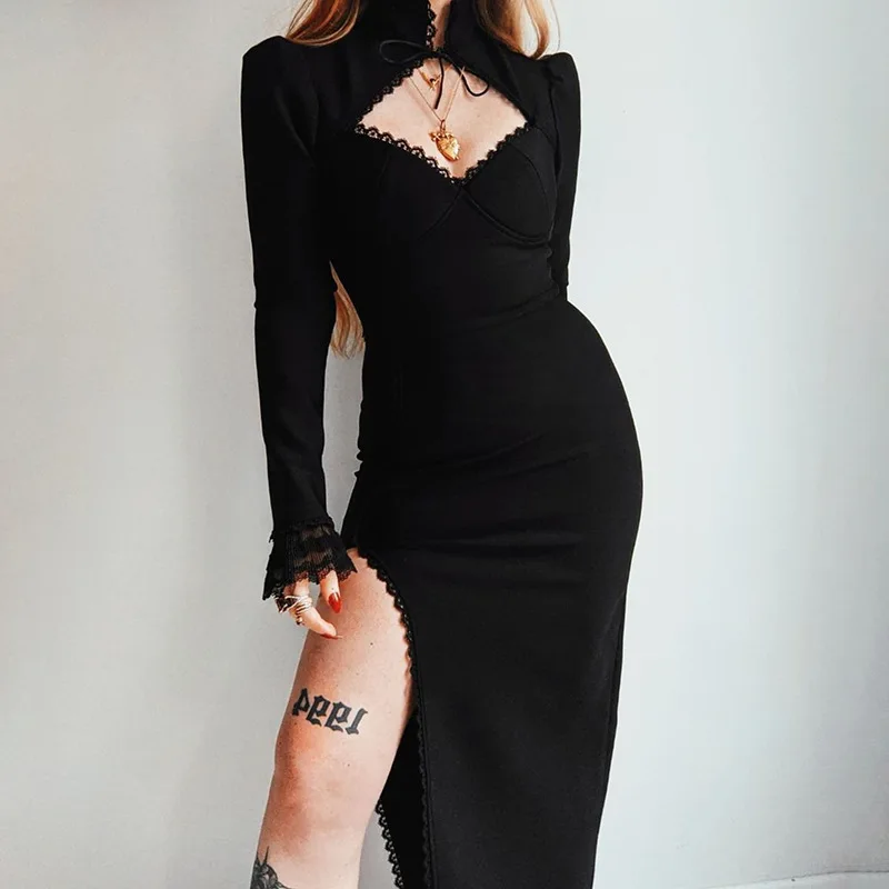 

Goth Mall Gothic Women Solid Knee Length Emo Dresses Grunge Sexy High Split Bodyocn Dress Punk Evening Black Alternative Clothes